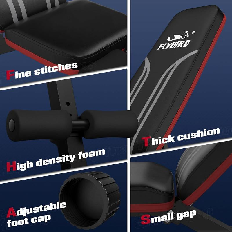 FLYBIRD Adjustable Weight Bench Workout Bench for Home Gym, 15 Degree Decline Sit-Up, Resistance Bands/No Resistance Bands