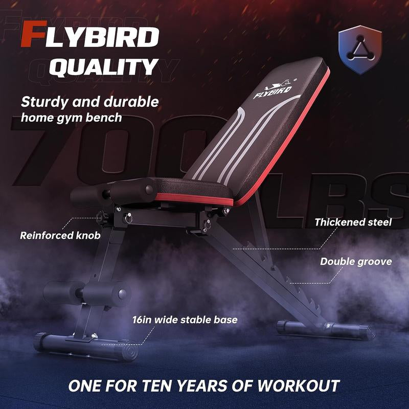 FLYBIRD Adjustable Weight Bench Workout Bench for Home Gym, 15 Degree Decline Sit-Up, Resistance Bands/No Resistance Bands